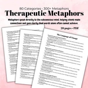 May include: A pink and white background with three pages of text. The text is a list of metaphors for therapy, with categories such as Transformation and Inner Work, Relationships and Connection Metaphors, Decision Making and Choices Metaphors, Overcoming Challenges Metaphors, Self-Care and Boundaries Metaphors, Personal Growth and Change Metaphors, Mental Health and Resilience Metaphors, Coping and Emotional Management Metaphors, and Self-Reflection and Insight Metaphors. The text includes the title "Therapeutic Metaphors" and the subtitle "Metaphors speak directly to the subconscious mind, helping clients make connections and gain clarity that words alone often cannot achieve." The text also includes the phrase "20 pages. PDF" and "The Language of Change".