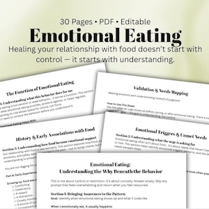 May include: A digital PDF document titled "Emotional Eating" with 30 pages. The document's cover and internal pages are visible, featuring text about understanding the relationship with food. The design is clean with a white background and black text.