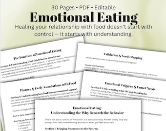 May include: A 30-page editable PDF document titled Emotional Eating, featuring text about healing relationships with food. Visible headings include The Function of Emotional Eating, Validation & Needs Mapping, History & Early Associations with Food, and Emotional Triggers & Unmet Needs.