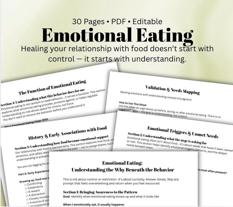 Może przedstawiać: 30-stronicowy edytowalny dokument PDF zatytułowany Emotional Eating, zawierający tekst o uzdrawianiu relacji z jedzeniem. Widoczne nagł&oacute;wki to The Function of Emotional Eating, Validation & Needs Mapping, History & Early Associations with Food oraz Emotional Triggers & Unmet Needs.