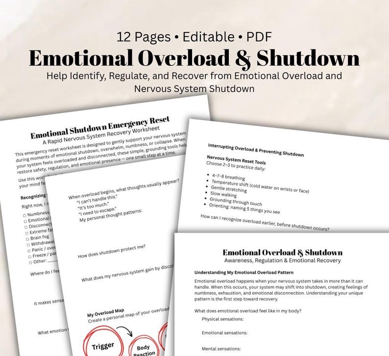 May include: A collection of printable worksheets titled "Emotional Overload & Shutdown." The worksheets are designed to help identify, regulate, and recover from emotional overload and nervous system shutdown. The pages are white with black text and red accents.