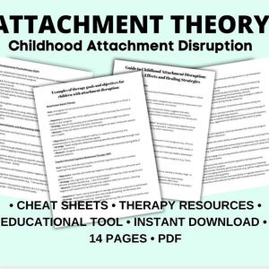 May include: A digital download of a 14-page PDF guide to childhood attachment disruption. The guide includes examples of therapy goals and objectives for children with attachment disruption, as well as effects and healing strategies. The document is titled "Attachment Theory: Childhood Attachment Disruption".