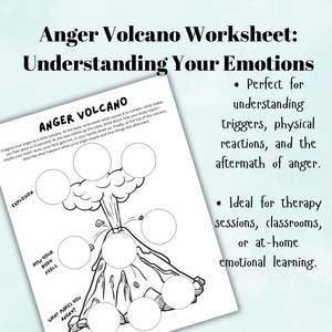 Può includere: Foglio di lavoro stampabile in bianco e nero intitolato "Foglio di lavoro sul vulcano della rabbia: Comprendere le tue emozioni". Il foglio di lavoro presenta un vulcano con cerchi per scrivere sui trigger della rabbia, le reazioni fisiche e le conseguenze della rabbia.