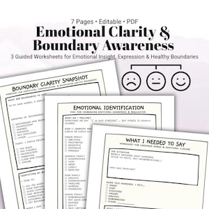 May include: A set of printable worksheets titled "Emotional Clarity & Boundary Awareness." The worksheets are designed for emotional insight, expression, and healthy boundaries. The image includes worksheets with fill-in sections and a graphic of three faces.