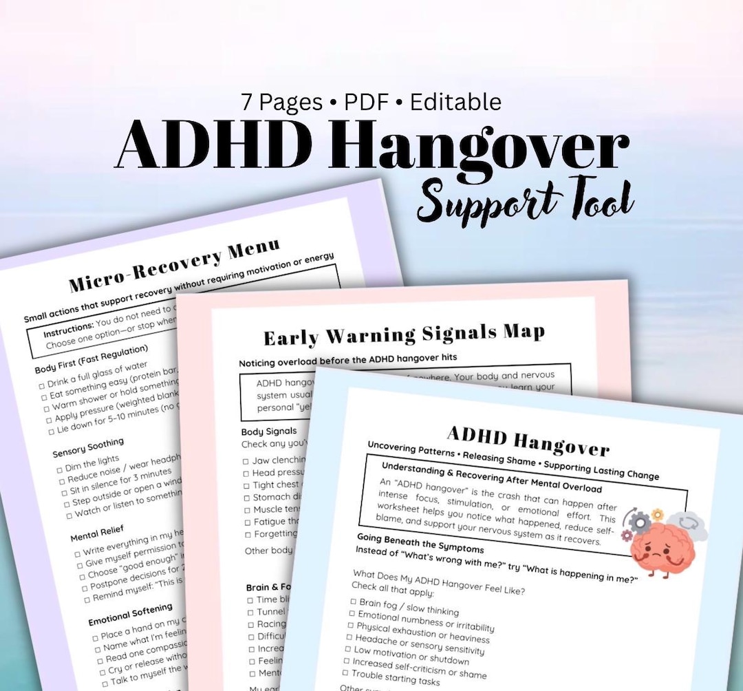 ADHD Hangover Recovery Worksheet Overstimulation & Burnout Support ...