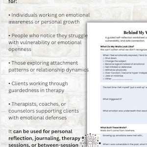 May include: A worksheet titled "Behind My Walls" with prompts for self-reflection on emotional vulnerability and safe connection. Text on the left lists the worksheet's uses for personal growth, therapy, and homework.