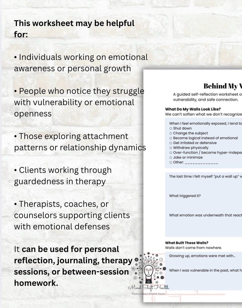 May include: A worksheet titled "Behind My Walls" with prompts for self-reflection on emotional vulnerability and safe connection. Text on the left lists the worksheet's uses for personal growth, therapy, and homework.