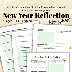 Può includere: Un modello di foglio di lavoro di riflessione di Capodanno, 7 pagine, PDF e modificabile. Le pagine includono suggerimenti per l'autoriflessione, come l'identificazione di abitudini, speranze e cose da portare avanti. Il design è pulito con sfondo chiaro e testo nero.