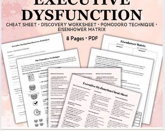 May include: A printable worksheet titled "Executive Dysfunction Cheat Sheet" with a pink background. The worksheet includes tips for managing executive dysfunction, including time management, emotional regulation, and minimizing distractions. The worksheet also includes a section on the Eisenhower Matrix, a time management tool that helps prioritize tasks.