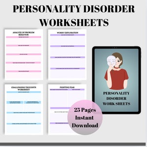 May include: A digital download of 25 printable worksheets for personality disorder. The worksheets are designed to help people with personality disorders manage their symptoms and improve their mental health. The image shows a tablet with a cartoon illustration of a person wearing a mask, and the text "Personality Disorder Work Sheets".
