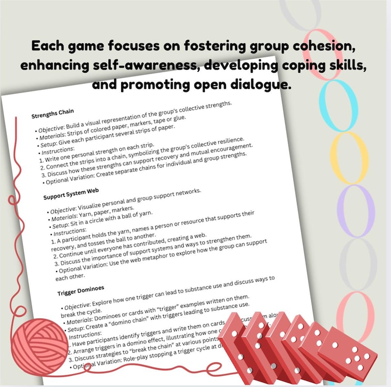 Puede incluir: Un papel blanco con texto que describe actividades grupales, incluyendo "Strengths Chain", "Support System Web" y "Trigger Dominoes". Tambi&eacute;n se muestra una bola de hilo rojo y domin&oacute;s rojos. El texto enfatiza la cohesi&oacute;n grupal y la autoconciencia.