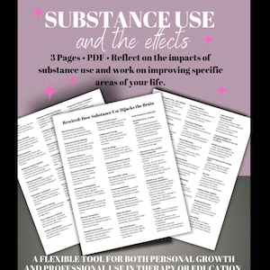 May include: A pink and white printable PDF guide titled "Substance Use and the Effects" with the text "Rewired: How Substance Use Hijacks the Brain" on a page. The guide is a flexible tool for personal growth and professional use in therapy or education.