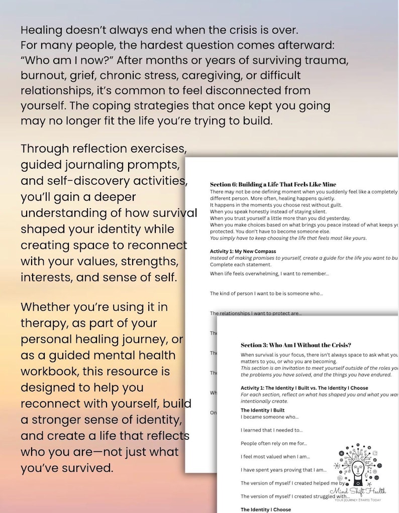 Pode incluir: Um caderno de exerc&iacute;cios de sa&uacute;de mental com texto sobre a cura ap&oacute;s trauma, esgotamento e luto. As p&aacute;ginas incluem se&ccedil;&otilde;es intituladas Building a Life That Feels Like Mine e Who Am I Without the Crisis, com atividades de escrita reflexiva.