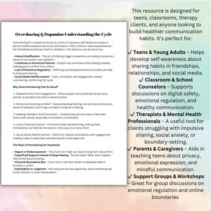 May include: A white and green infographic with the title "Oversharing & Dopamine Understanding the Cycle". The infographic explains the reasons why people overshare and the risks of oversharing. The infographic is designed for teens, classrooms, therapy clients, and anyone looking to build healthier communication habits.