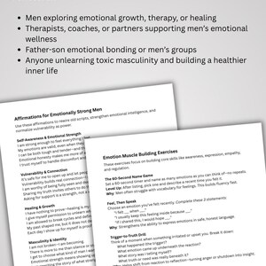 May include: Printed worksheets with text about emotional growth, therapy, and men's wellness. The text includes affirmations, exercises, and prompts for self-reflection and building emotional intelligence.