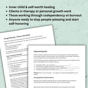 May include: Two pages of printed text with headings such as "Thought Rewiring" and "Reprocessing Guilt." The text discusses self-worth, boundaries, and overcoming people-pleasing behaviours. The image is designed for therapy and personal growth.