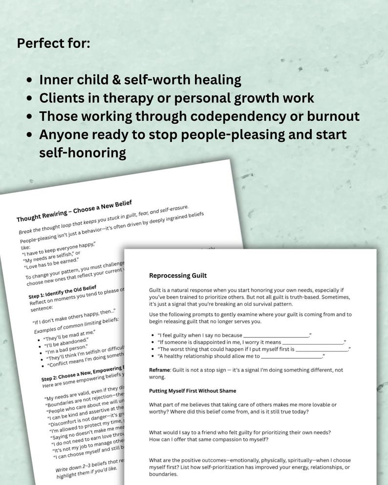 May include: Two pages of printed text with headings such as "Thought Rewiring" and "Reprocessing Guilt." The text discusses self-worth, boundaries, and overcoming people-pleasing behaviours. The image is designed for therapy and personal growth.