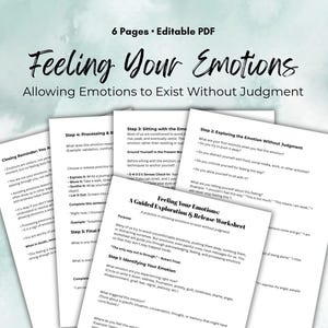 Könnte beinhalten: Ein druckbares Arbeitsblatt mit dem Titel "Fühle deine Emotionen: Ein Leitfaden zur Erkundung und Freisetzung von Emotionen" mit einer Übung, die es ermöglicht, Emotionen ohne Wertung zuzulassen. Das Arbeitsblatt enthält Schritte zur Verarbeitung und Freisetzung von Emotionen, zur Erkundung von Emotionen ohne Wertung, zum Sitzen mit der Emotion und zur Identifizierung der Emotion.