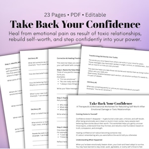 May include: A workbook titled "Take Back Your Confidence" with the subtitle "A Therapeutic & Motivational Worksheet for Rebuilding Self-Worth After Emotional Damage or Toxic Relationships." The pages are white with black text and headings.