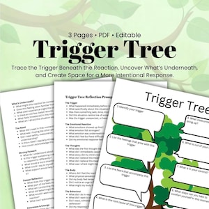 May include: A three-page editable PDF document titled Trigger Tree. The pages feature a tree graphic with numbered text boxes for identifying triggers, feelings, fears, and root causes, alongside reflection prompts for emotional awareness.