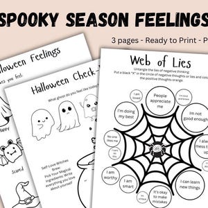 May include: Three printable Halloween-themed worksheets for kids. The first page features a ghost and bat with prompts to color them in based on feelings. The second page has three ghosts with prompts to color them in based on feelings. The third page features a spider web with positive and negative thoughts written in circles around the web.