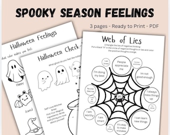 May include: Three printable Halloween-themed worksheets for kids. The first page features a ghost and bat with prompts to color them in based on feelings. The second page has three ghosts with prompts to color them in based on feelings. The third page features a spider web with positive and negative thoughts written in circles around the web.