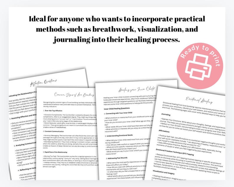 May include: A printable worksheet with the title "Healing Your Inner Child" and "Emotional Healing" with text about emotional healing techniques, including journaling, affirmations, emotional freedom technique (EFT) tapping, and visualization and imagery.