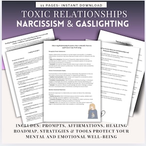 Puede incluir: Una guía de descarga digital con un fondo rosa, morado y blanco. La guía se titula "Relaciones Tóxicas Narcisismo y Gaslighting" e incluye 11 páginas de información sobre cómo identificar y protegerse de las relaciones tóxicas. La guía incluye indicaciones, afirmaciones, una hoja de ruta de sanación, estrategias y herramientas para proteger tu bienestar mental y emocional.