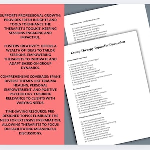 May include: A pink and white document with a list of group therapy topics for discussion. The topics are organized into three categories: Mental Health Awareness, Emotional Regulation, and Interpersonal Relationships.