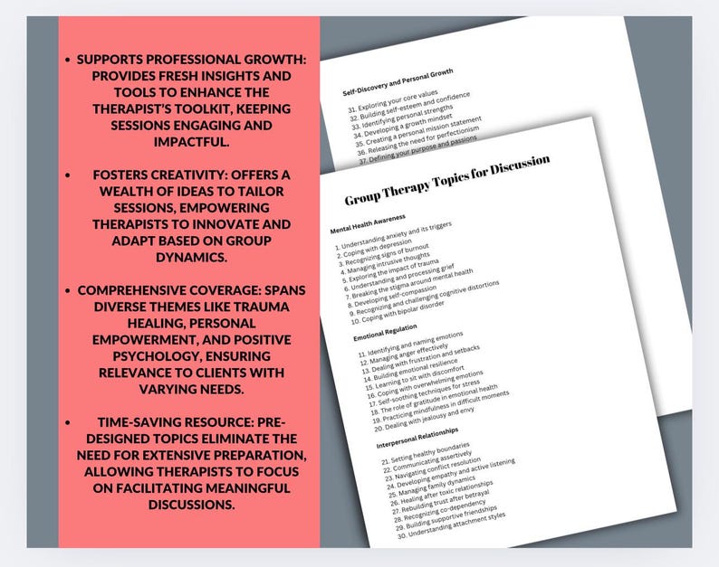 May include: A pink and white document with a list of group therapy topics for discussion. The topics are organized into three categories: Mental Health Awareness, Emotional Regulation, and Interpersonal Relationships.