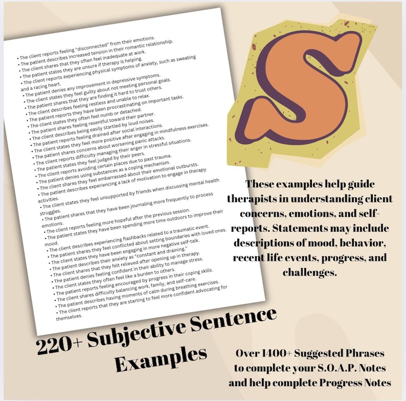 The text on the page reads 'These examples help guide therapists in understanding client concerns, emotions, and self-reports. Statements may include descriptions of mood, behavior, recent life events, progress, and challenges.'  The text below reads '220+ Subjective Sentence Examples' and 'Over 1400+ Suggested Phrases to complete your S.O.A.P. Notes and help complete Progress Notes.'