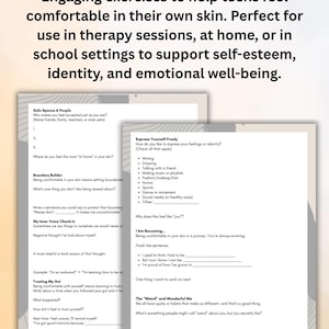 May include: A printable worksheet with engaging exercises to help teens feel comfortable in their own skin. The worksheet includes prompts and questions to help teens explore their identity, self-esteem, and emotional well-being.
