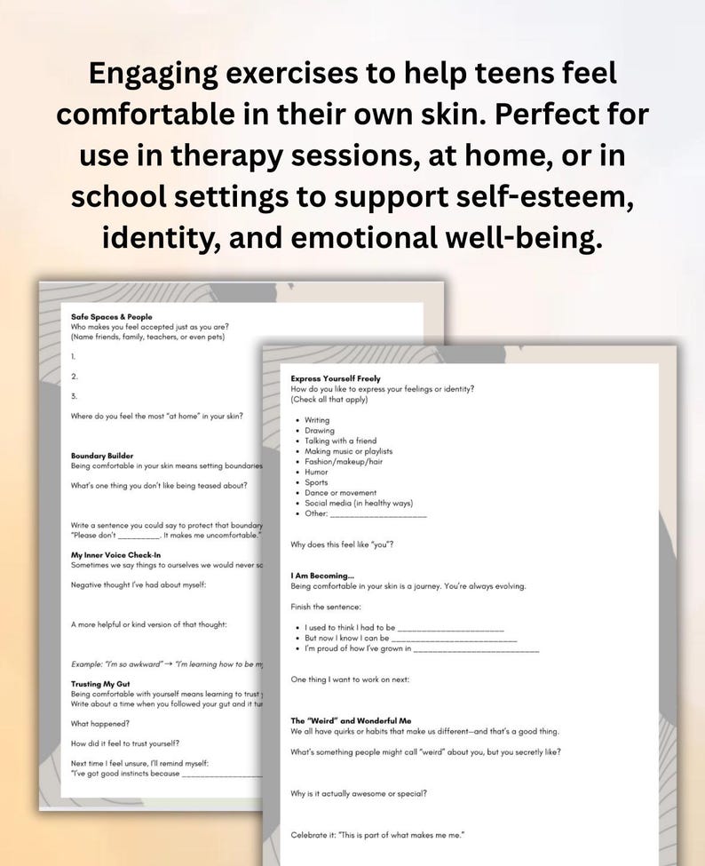 May include: A printable worksheet with engaging exercises to help teens feel comfortable in their own skin. The worksheet includes prompts and questions to help teens explore their identity, self-esteem, and emotional well-being.