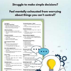 May include: An illustrated guide with text on mental health strategies. The image features a lightbulb inside a head, speech bubbles, and gears, with text addressing overthinking and decision-making.