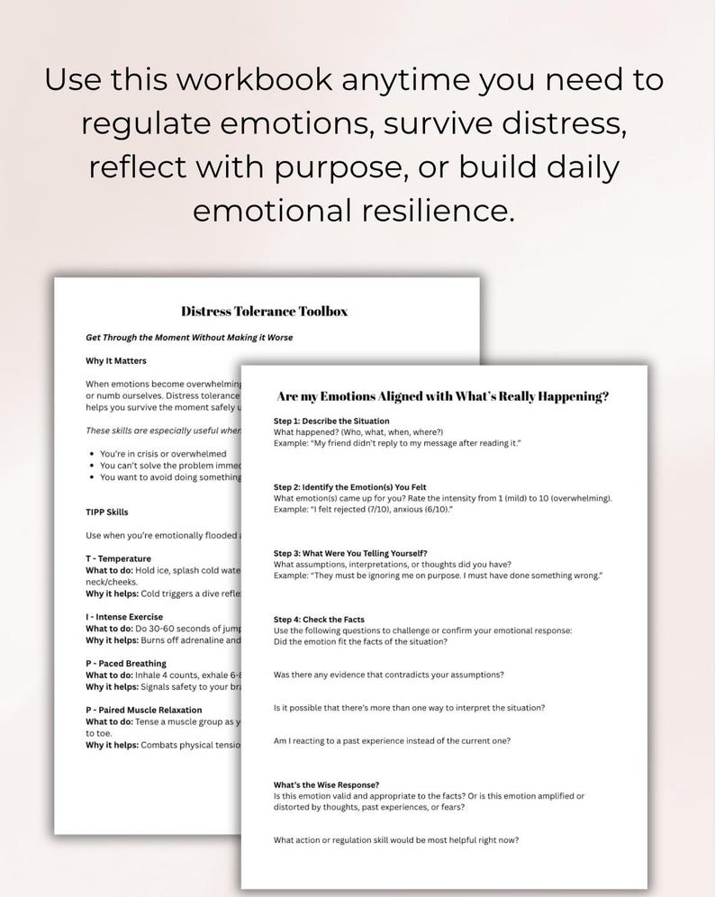 DBT Emotion Regulation Toolkit Arbetsblad för Stresstolerans Motsatt Handling Självlindrande Emotionshjul bild 2