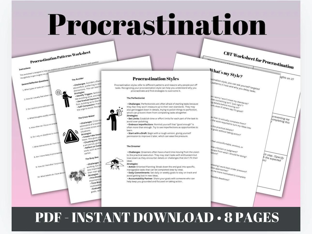 CBT Procrastination Worksheet Stop Procrastinating Printable Therapy Tool Digital Download