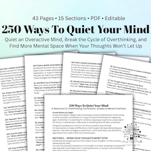 May include: A 43-page, 15-section editable PDF document titled 250 Ways To Quiet Your Mind. The text includes strategies to quiet an overactive mind, break the cycle of overthinking, and find mental space, featuring numbered lists and sections.