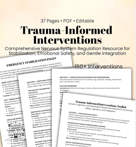 Trauma-Informed Interventions Toolkit Nervous System Regulation Exercises Grounding Skills, Dissociation Support & Emotional Safety