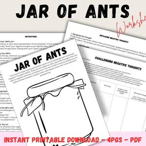 Op de afbeelding: Een set met printbare werkbladen met de titel "Jar of Ants" met instructies over hoe je negatieve gedachten kunt identificeren en aanvechten. Het werkblad bevat een zwart-witte illustratie van een pot met een deksel.