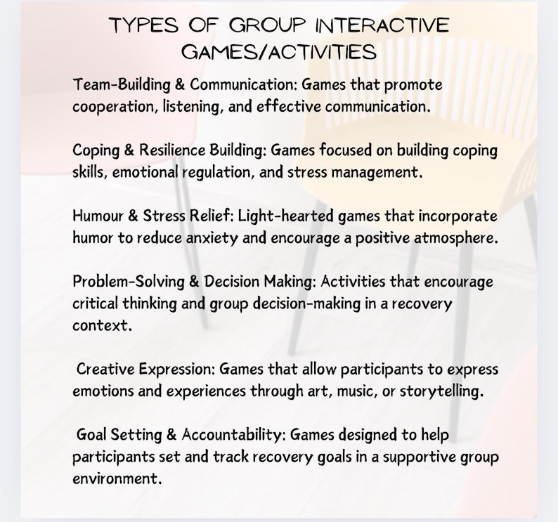 Puede incluir: Fondo blanco con el t&iacute;tulo "TIPOS DE JUEGOS/ACTIVIDADES INTERACTIVAS EN GRUPO" en negro. El texto describe juegos de trabajo en equipo, habilidades de afrontamiento, humor, resoluci&oacute;n de problemas, expresi&oacute;n creativa y establecimiento de objetivos.