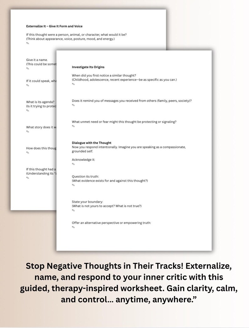 Externalising Worksheet Negative Thoughts Worksheet: CBT DBT ACT Therapy Tool (pdf) - Etsy