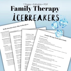 May include: A colourful guide for family therapy icebreakers. The guide includes a list of icebreaker activities, such as "Two Truths and a Dream", "Family Coat of Arms", and "Common Ground".