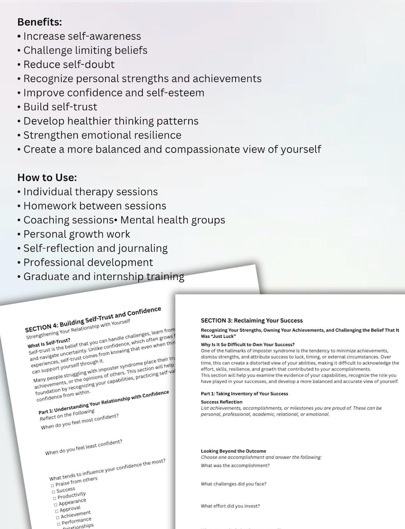 Imposter Syndrome Workbook Therapy Worksheets for Self-Doubt, Confidence Building, Self-Esteem & Self-Trust for Adults Therapist Resource image 3