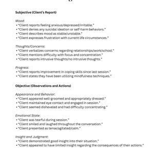May include: A document with the title "Common Progress Note Phrases" lists common phrases used in therapy sessions to describe a client's mood, thoughts, progress, appearance, emotional state, and insight.