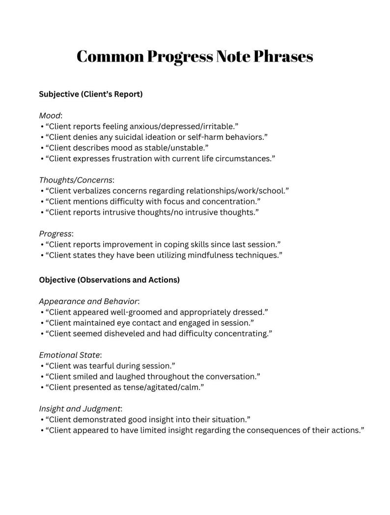 May include: A document with the title "Common Progress Note Phrases" lists common phrases used in therapy sessions to describe a client's mood, thoughts, progress, appearance, emotional state, and insight.