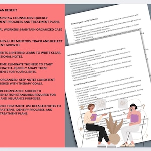 Puede incluir: Un gr&aacute;fico rosa y blanco con una lista de qui&eacute;n puede beneficiarse del uso de una plantilla de notas de terapeuta. El gr&aacute;fico incluye vi&ntilde;etas con el siguiente texto: Terapeutas y consejeros, trabajadores sociales, entrenadores y mentores de vida, estudiantes y pasantes, ahorrar tiempo, mantenerse organizado, garantizar el cumplimiento, mejorar el tratamiento. El gr&aacute;fico tambi&eacute;n incluye una imagen de dos personas sentadas en un banco con una planta entre ellas. El texto en el lado derecho del gr&aacute;fico incluye los siguientes encabezados: Crianza y din&aacute;mica familiar, Autodisciplina y responsabilidad, Habilidades sociales e interacci&oacute;n, y Exploraci&oacute;n psicol&oacute;gica.