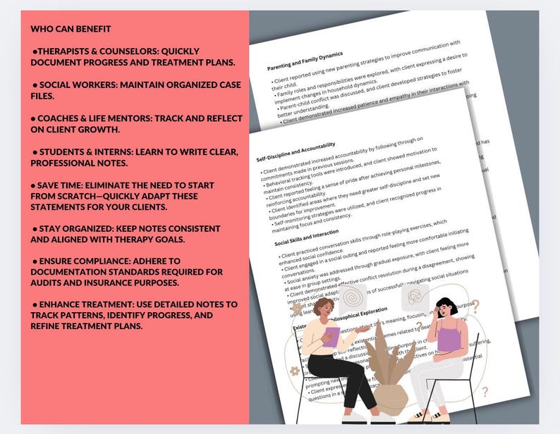 Puede incluir: Un gr&aacute;fico rosa y blanco con una lista de qui&eacute;n puede beneficiarse del uso de una plantilla de notas de terapeuta. El gr&aacute;fico incluye vi&ntilde;etas con el siguiente texto: Terapeutas y consejeros, trabajadores sociales, entrenadores y mentores de vida, estudiantes y pasantes, ahorrar tiempo, mantenerse organizado, garantizar el cumplimiento, mejorar el tratamiento. El gr&aacute;fico tambi&eacute;n incluye una imagen de dos personas sentadas en un banco con una planta entre ellas. El texto en el lado derecho del gr&aacute;fico incluye los siguientes encabezados: Crianza y din&aacute;mica familiar, Autodisciplina y responsabilidad, Habilidades sociales e interacci&oacute;n, y Exploraci&oacute;n psicol&oacute;gica.