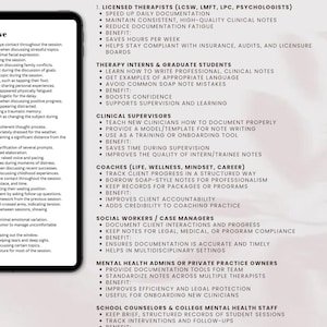 May include: A white background with black text outlining the benefits of using a SOAP note sentence digital product for different professions, including licensed therapists, therapy interns, clinical supervisors, coaches, social workers, mental health admins, and school counselors.