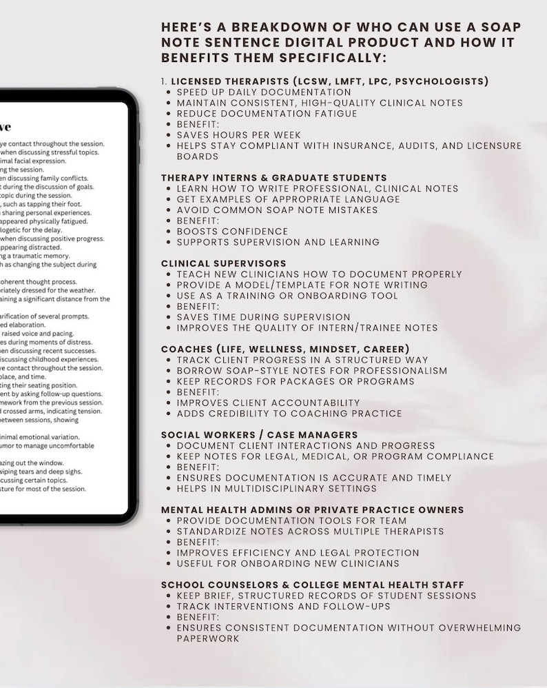 May include: A white background with black text outlining the benefits of using a SOAP note sentence digital product for different professions, including licensed therapists, therapy interns, clinical supervisors, coaches, social workers, mental health admins, and school counselors.