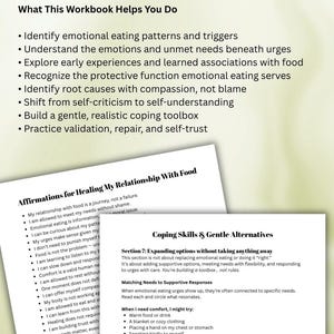 Może przedstawiać: Strona z ćwiczeniami zatytułowana What This Workbook Helps You Do, zawierająca wypunktowane informacje o wzorcach jedzenia emocjonalnego. Poniżej znajdują się dwie dodatkowe strony zatytułowane Affirmations for Healing My Relationship With Food oraz Coping Skills & Gentle Alternatives.